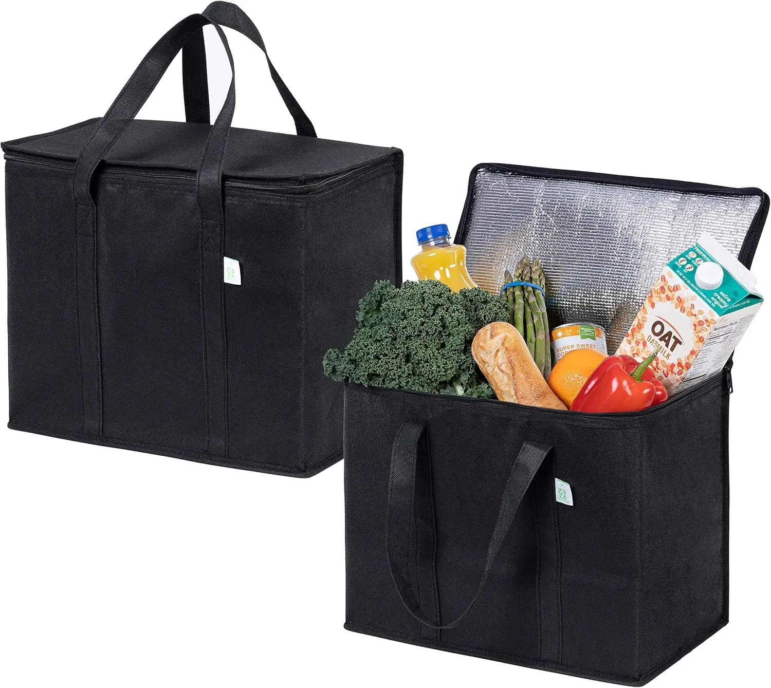 2 Pack Cooler Bags - Insulated for Food Delivery, Collapsible and Reusable Shopping Bags with Zipper, Foldable, Heavy-Duty, Stands Upright - Ideal for Groceries (Black, 2 Pack)Gift..