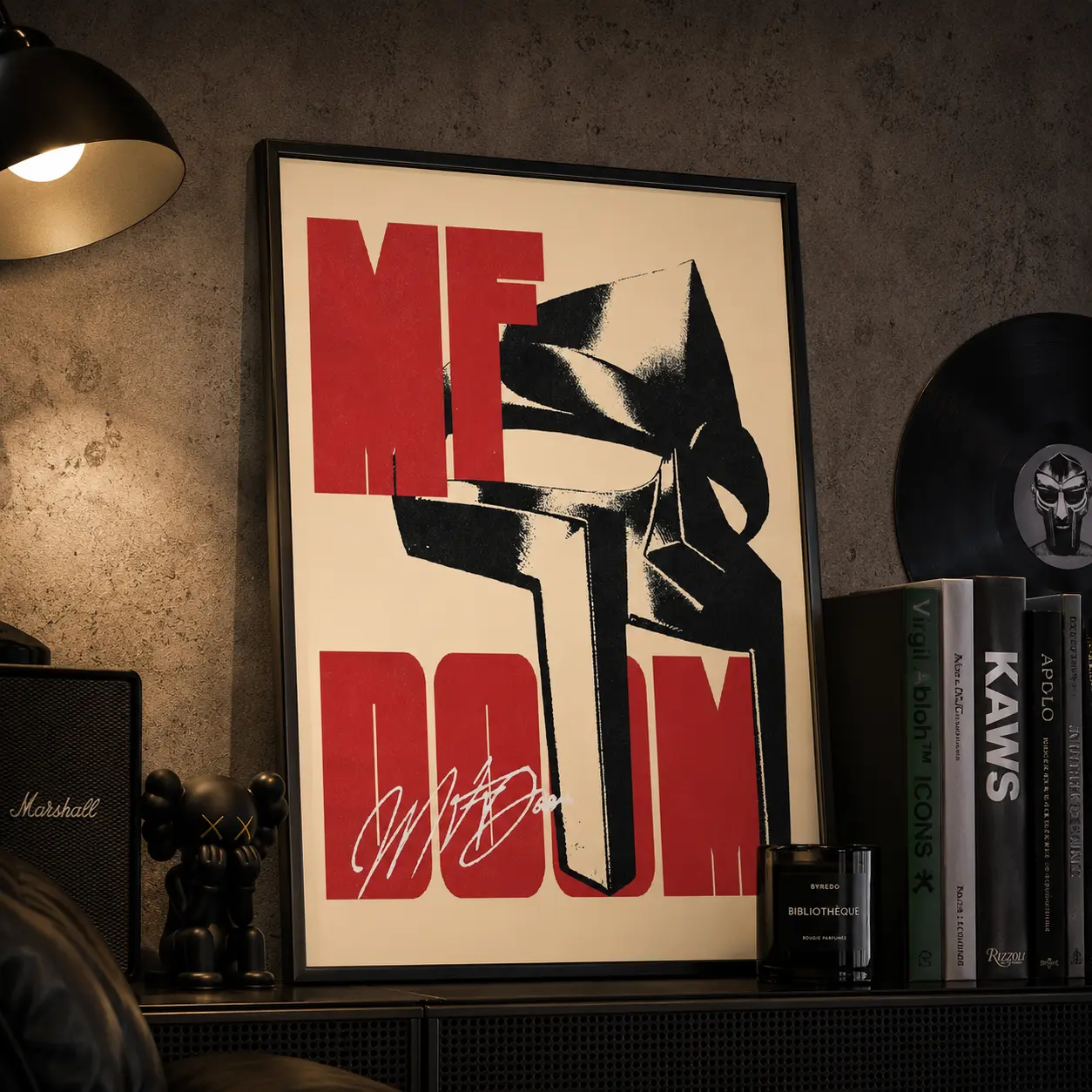 MF DOOM Metal Mask Vintage Grunge Framed Canvas Wall Art - Wood-Aluminum Framed Decorative Print, Bold Red Vertical Text Signature, Retro Monochrome Hip Hop Art, Bedroom Decor for Underground Rap Fans