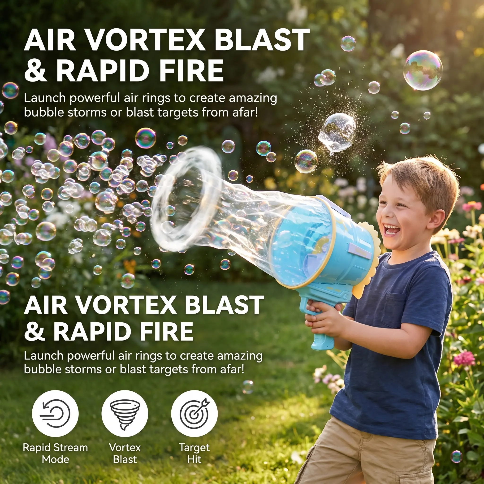 4-in-1 Giant Mist Blaster Toy for Kids - 4-in-1 Modes Device with Giant Bubbles, Mist Rings, Air Vortex Blast - Indoor-Outdoor Party Game for Boys & Girls