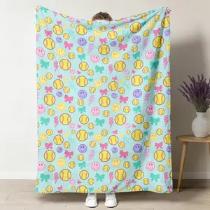 Teal Velveteen Softball Plush Blanket, Retro Vintage Colorful Print with Smiley Face & Light Blue, Yellow, Pink, Purple, Green Balls, Fade Resistant Sports Theme All-Season Cozy Throw, 280GSM Softball Room Decor