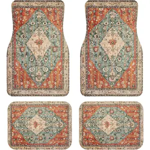Linen Persian Car Floor Mats Full Set| Vintage Oriental Car Decor for Women,Men| Waterproof All-Weather Universal Fit for SUV, Sedan| Luxury Bohemian Car Accessories, Non-Slip