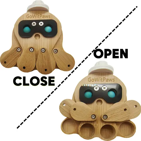 GoWitPaws Interactive Beak-Safe Wood Parrot Foraging Toy - Octopus 4-Compartment Bamboo Puzzle Feeder for Small/Medium Birds, Easy Cage Mount, Flip-Open Lids, Rotating Wooden Bead Eyes, Acrylic Cover, Perches, Washable Training Aid