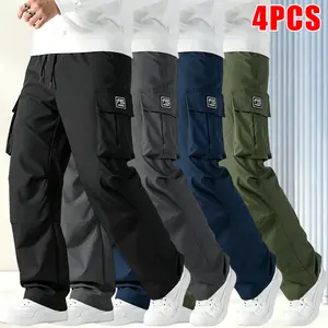 Men’s solid-color tactical work pants set of 4, featuring multiple pockets and an elastic waistband; durable outdoor hiking and casual pants suitable for everyday wear and outdoor activities.