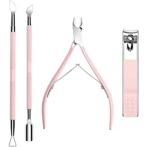 4 PCS Professional Stainless Steel Cuticle Trimmer with Cuticle Pusher Nail Clipper Cuticle Cutter Nipper Remover Dead Skin Clipper for Fingernails Toenails Pedicure Manicure Pink