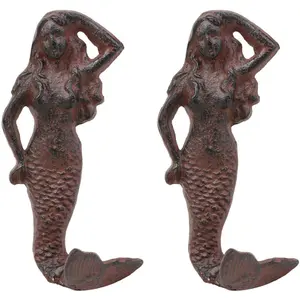 Ebros Gift 6" Tall Cast Iron Rustic Vintage Finish Wall Coat Hook Mermaids Decorative Accent Hooks for Keys Leashes Hats (2)