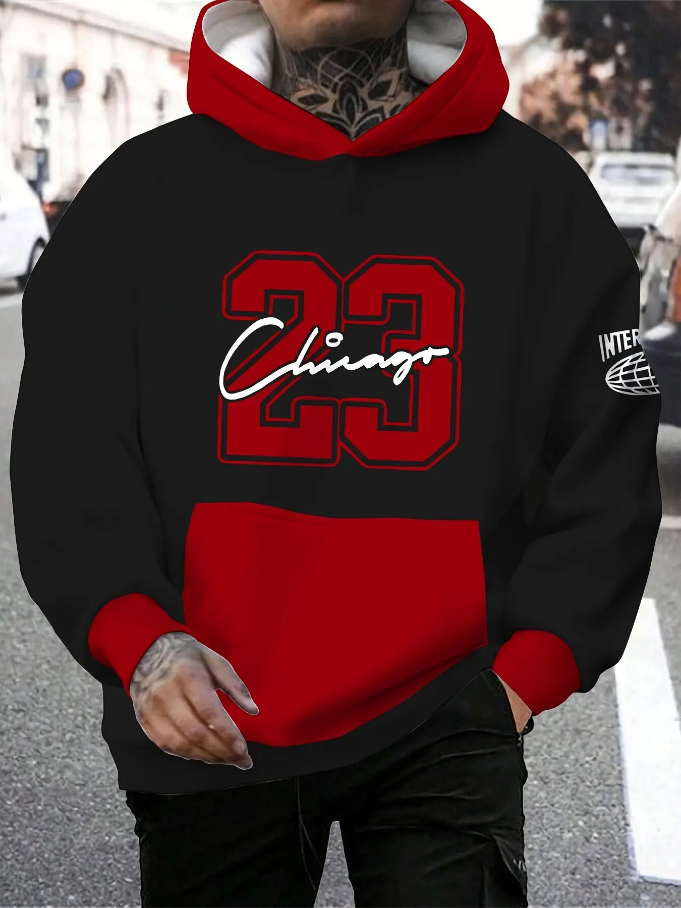 "Chicago #23" letter print Long Sleeve men's hooded Casual contrasting sweater with drawstring design, men's spring and autumn jumper, Sweatshirts, Pullover