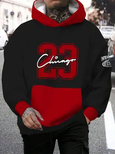 "Chicago #23" letter print men's hooded contrasting sweater with drawstring design, men's spring and autumn jumper