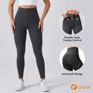 OQQ Women's High-Waisted Tummy Control Leggings with Hook Invisible Zipper Closure Double-Layer Tummy Control Leggings