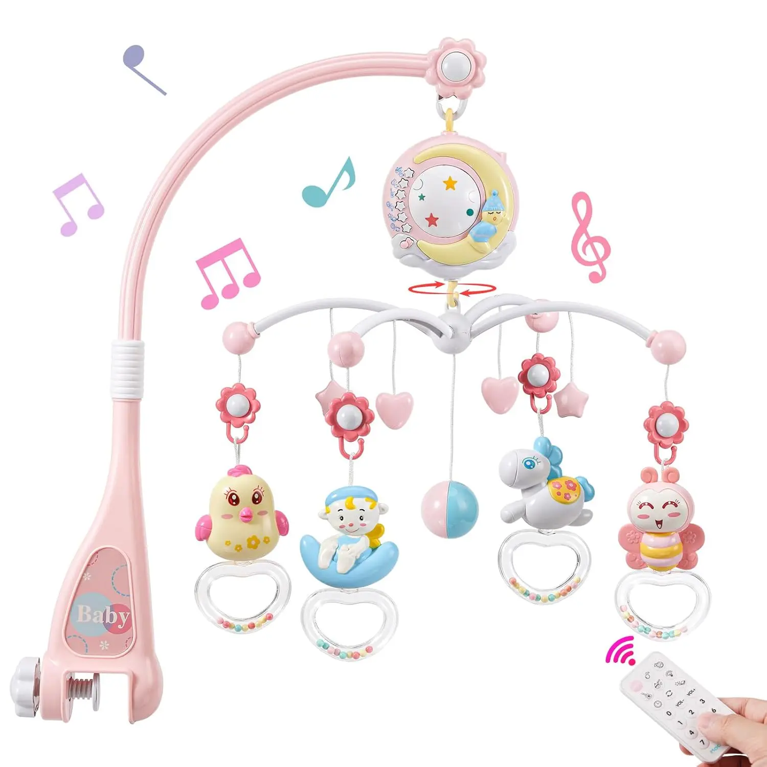 Baby Musical Crib Mobile with Projector Night Light 150 Music Timing Function Take Along Rattle Toy for Newborn Girls Boys Bassinet Compatible