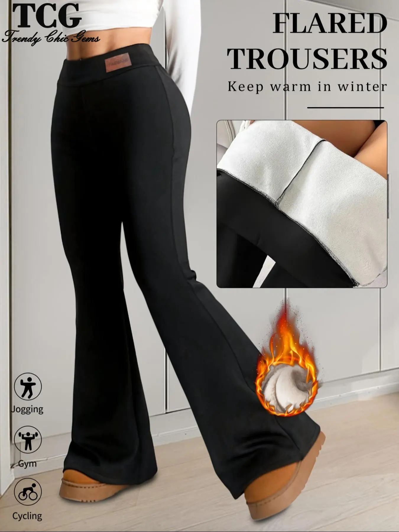 Women's Thickened Fleece Lined Knit Flare Pants, Warm Autumn Winter Casual Leggings, Comfortable Fitted High Waist Trousers for Daily Wear Womenswear Casual Lounge Pant, Casual Style Bottoms, Casual Fashion Bottoms
