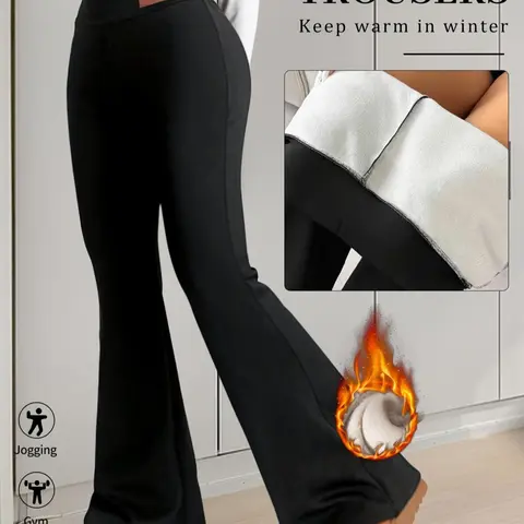 Women's Thickened Fleece Lined Knit Flare Pants, Warm Autumn Winter Casual Leggings, Comfortable Fitted High Waist Trousers for Daily Wear Womenswear Casual Lounge Pant, Casual Style Bottoms, Casual Fashion Bottoms