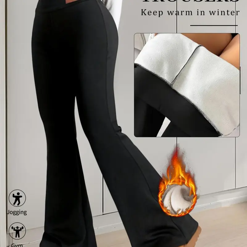 Women's Thickened Fleece Lined Knit Flare Pants, Warm Autumn Winter Casual Leggings, Comfortable Fitted High Waist Trousers for Daily Wear Womenswear Casual Lounge Pant, Casual Style Bottoms, Casual Fashion Bottoms