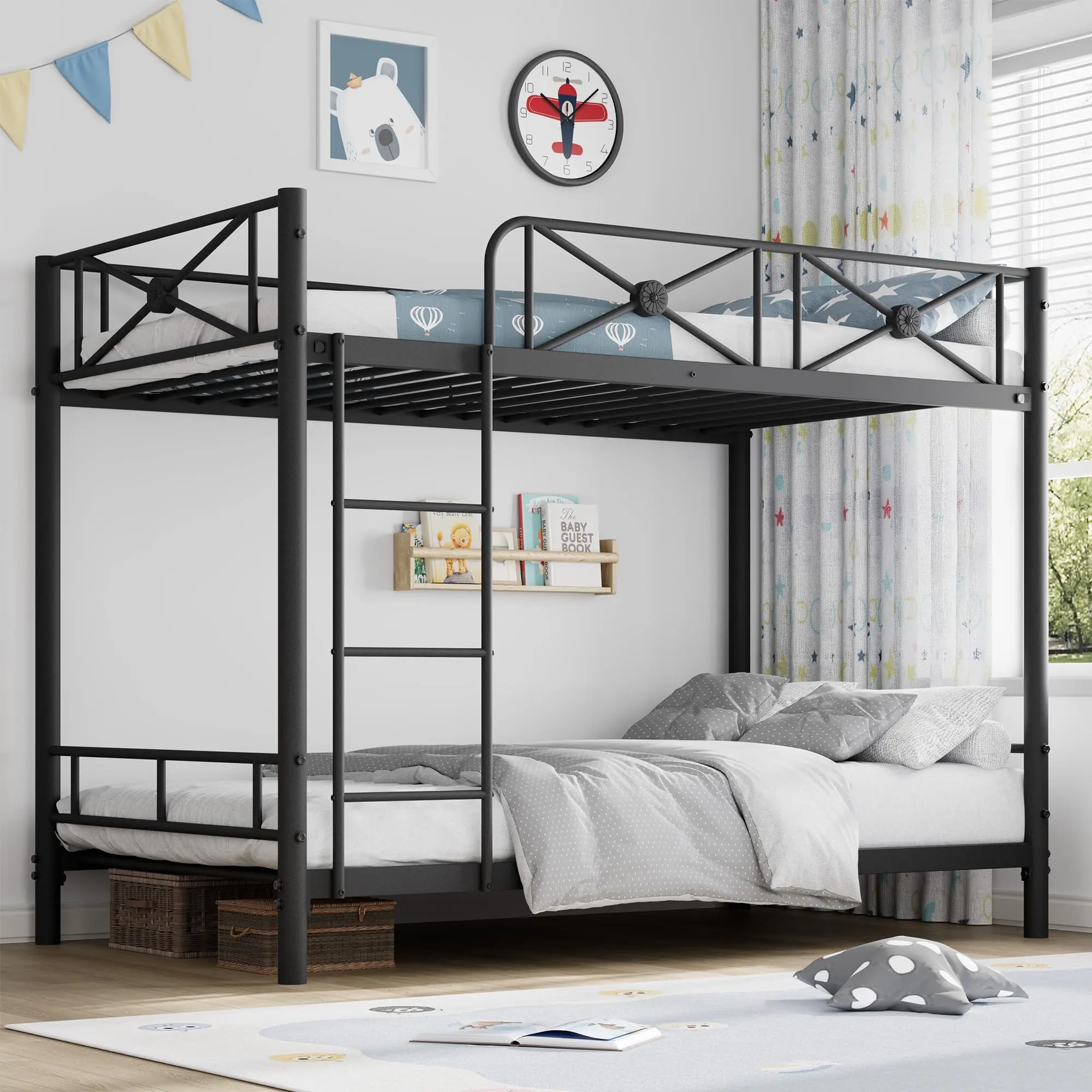 Heavy-Duty Steel Frame Twin Metal Bunk Bed with Safety Rails - Space-Saving Vertical Stack Multi-Person Heavy-Duty Structure Bed for Industrial Bedrooms, School Use, Multi-Person Beds