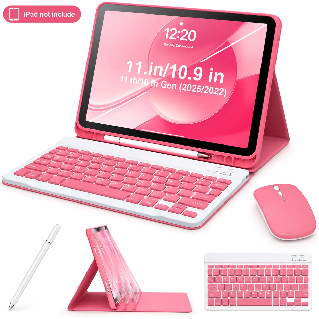 Detachable Magnetic Wireless Bluetooth Keyboard Folio Tablet Case with Automatic Sleep/Wake for iPad 11th (11in, A16 Series, 2025) & iPad 10th (10.9in, 2022), Pencil Holder, Included Mouse + Pen, Pink Tablet Accessories (iPad not include)