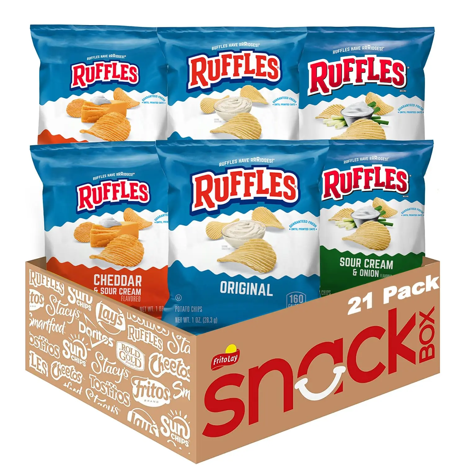 Ruffles Potato Chips, 3 Flavor Variety Pack, 1 oz Bags (Pack of 21) Ruffles Potato Chips, 3 Flavor Variety Pack, 1 oz Bags (Pack of 21)