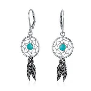 Native American Style Turquoise Dream Catcher Feather Leaf Dangle Earrings .925 Sterling Silver