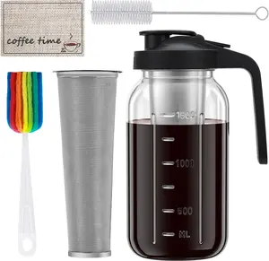 Cold Brew Coffee Maker, 64oz Iced Coffee  Pitcher with Stainless Steel Filter & Coffee Mat, 1/2 Gallon Heavy Duty Glass Mason Jar Cold Brew Maker with Pour Spout Handle Lid, 2 Brushes, Leak-Proof