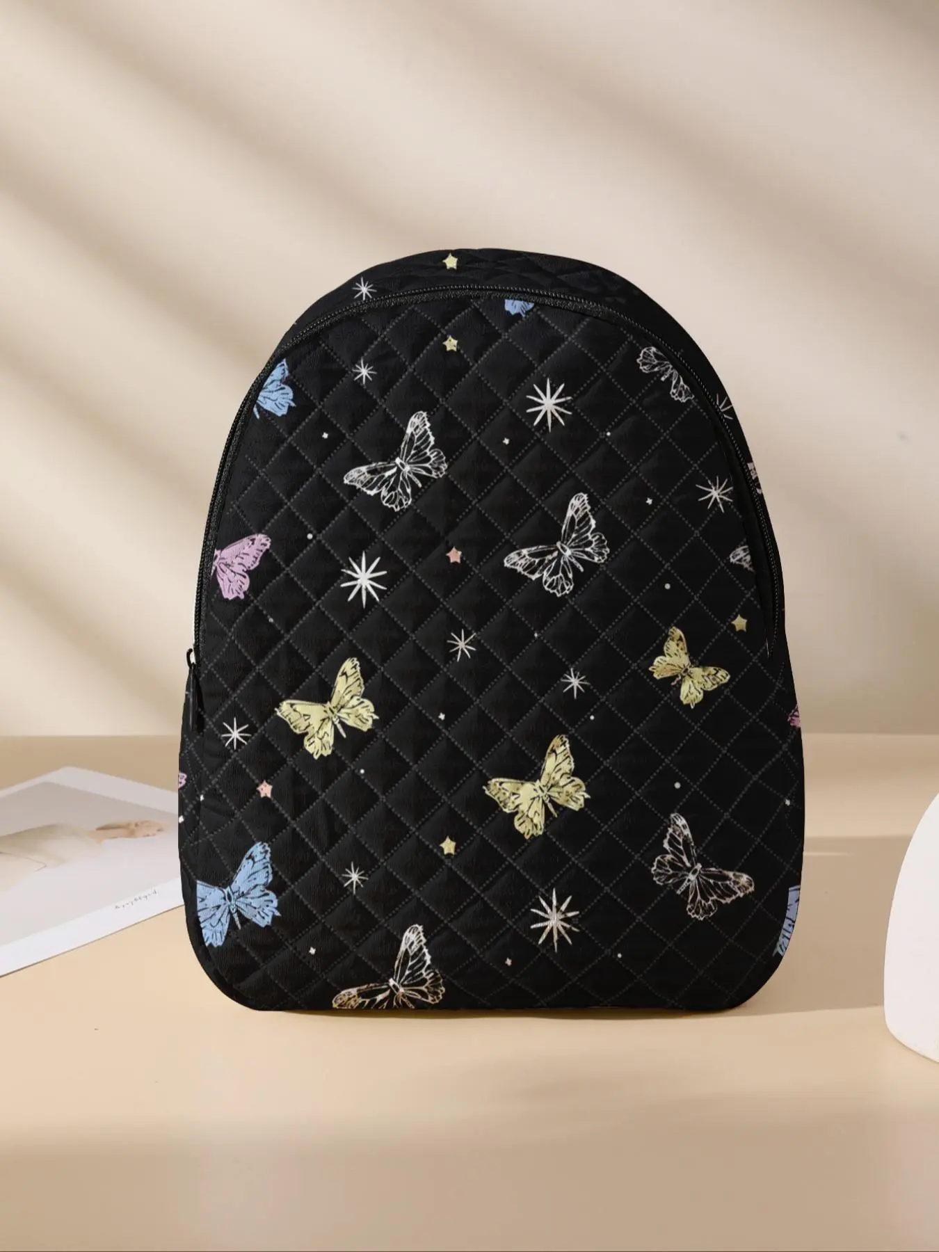 Butterfly Pattern Quilted Backpack, Lightweight Durable School Backpacks with Lunch Pocket, Cute Student Backpack for Primary School, Middle School and University