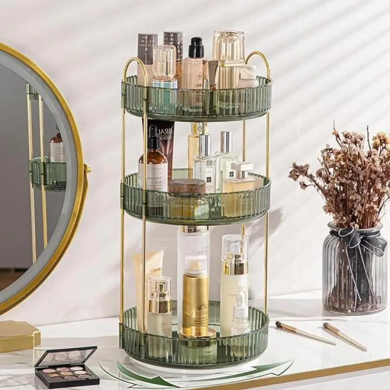 360°     Rotating Makeup Organizer - Large Capacity Cosmetic and Skincare Dresser|     Spinning Perfume Organizer Vanity Shelf (3 Tiers, Green)|     Lazy Susan Tray Bathroom Organizer Boxes 3Tiers-Gold