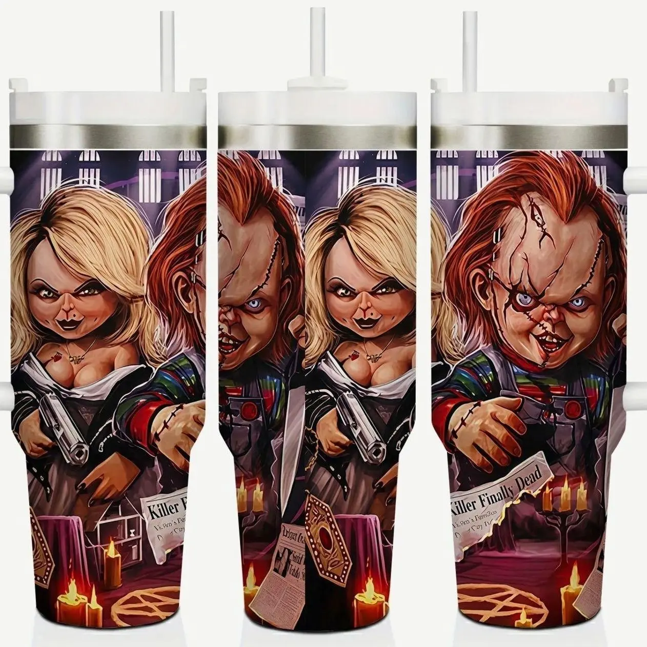 Bride of Chucky Horror Doll Inspired 40oz Insulated Travel Tumbler Stainless Steel Mug with Handle and Straw Leak Proof Vacuum Thermal Cup Keeps Drinks Hot 12H Cold 24H Fan Gift Spooky Goth Aesthetic Large Water Bottle Reusable Mug Retro 2026