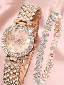 Elegant Butterfly Design Quartz Movement Watch Luxury Fashion Timepiece, Trendy Heart Charm Bracelet Set, Stylish Accessory for Women, All Seasons, Fashionable Watch