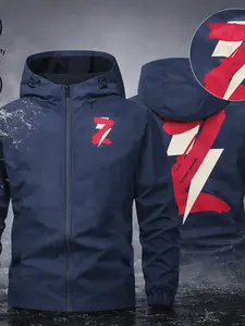 Men's Loose Fit Casual Windproof Jacket, Smooth Durable Anti-Wrinkle Fabric, Drawstring Hooded Design, Fashion Letter Print, All Seasons, Windproof Outerwear