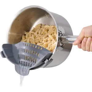 Silicone Clip Strainer for Pots and Pans - Heat Resistant, Food, Noodle, Meat, Fruits, Vegetables and Pasta Strainer - Versatile Kitchen Gadget and Colander (Gray)