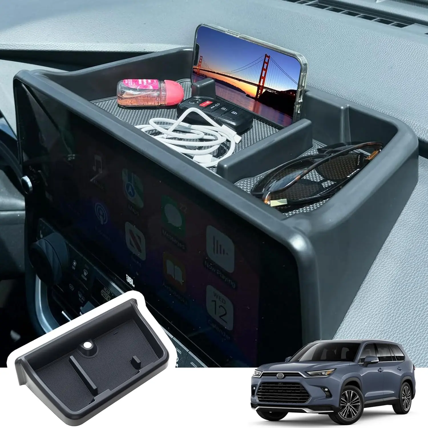 2024-2025 New Car Dash Organizer, Center Console Screen Dashboard Tray with Anti-Slip Rubber Mat & Phone Holder, Compatible with Toyota Grand Highlander Accessories, Anti-Slip Mat