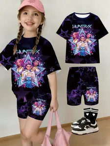 Summer Girls' Drop Shoulder Short Sleeve Yoga Pants Two-Piece Set, Star Pattern, Casual Cartoon Print, Fitted Fit, Casual Fashion Set