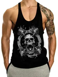 Men's Skull Dumbbell Graphic Tank Top, Raneos Print Sleeveless Gym Training Shirt, Loose-Fitting Workout Top for Fitness Enthusiasts, Sleeveless Gym Tops