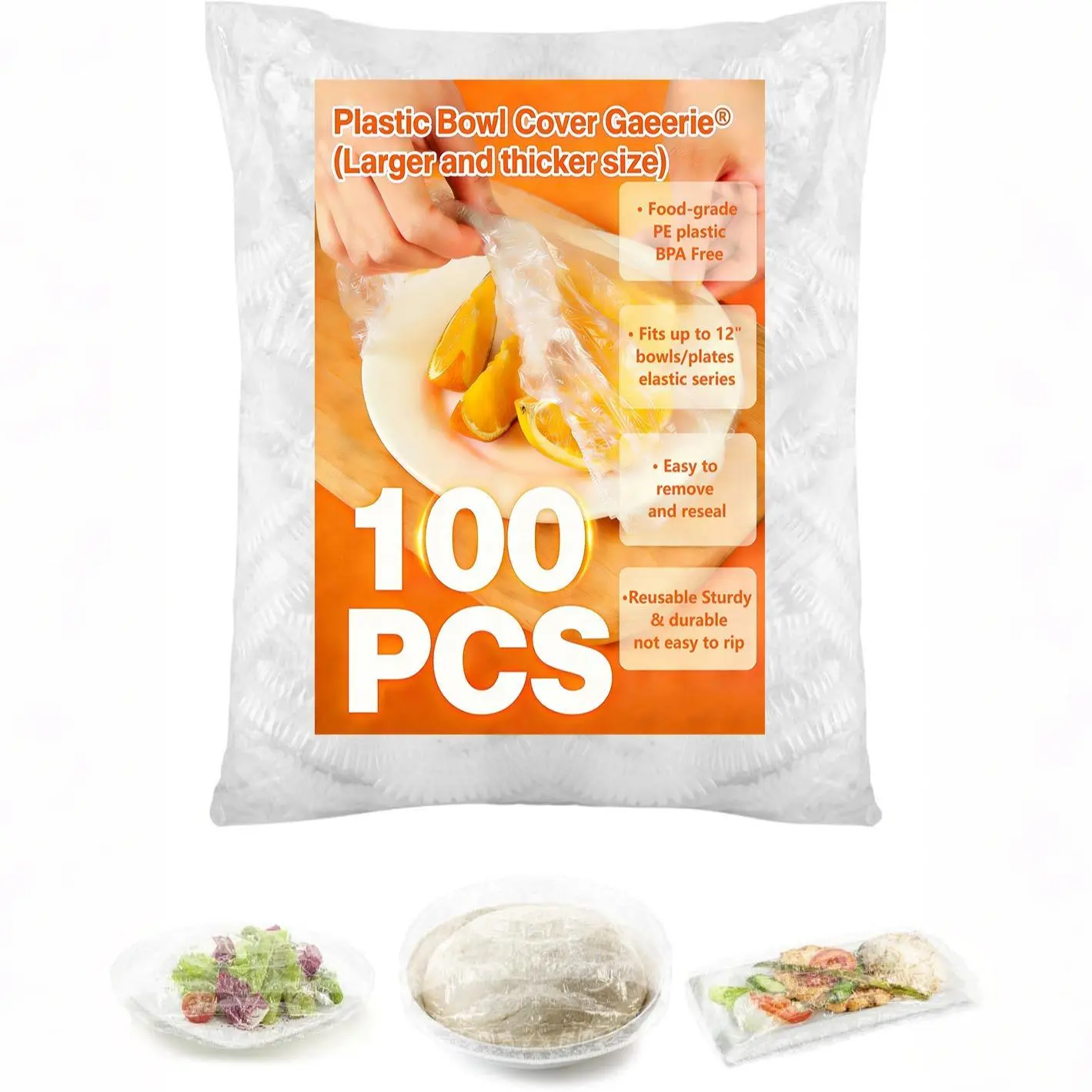 QUSEVOO 100 Pcs PE Plastic Bowl Covers, BPA-Free Kitchen Utensils & Food Storage Containers, Elastic Reusable Sourdough Bread Proofing Tools, Large Size Fits 12" Max Bowls/Plates/Bannetons, Cleaning