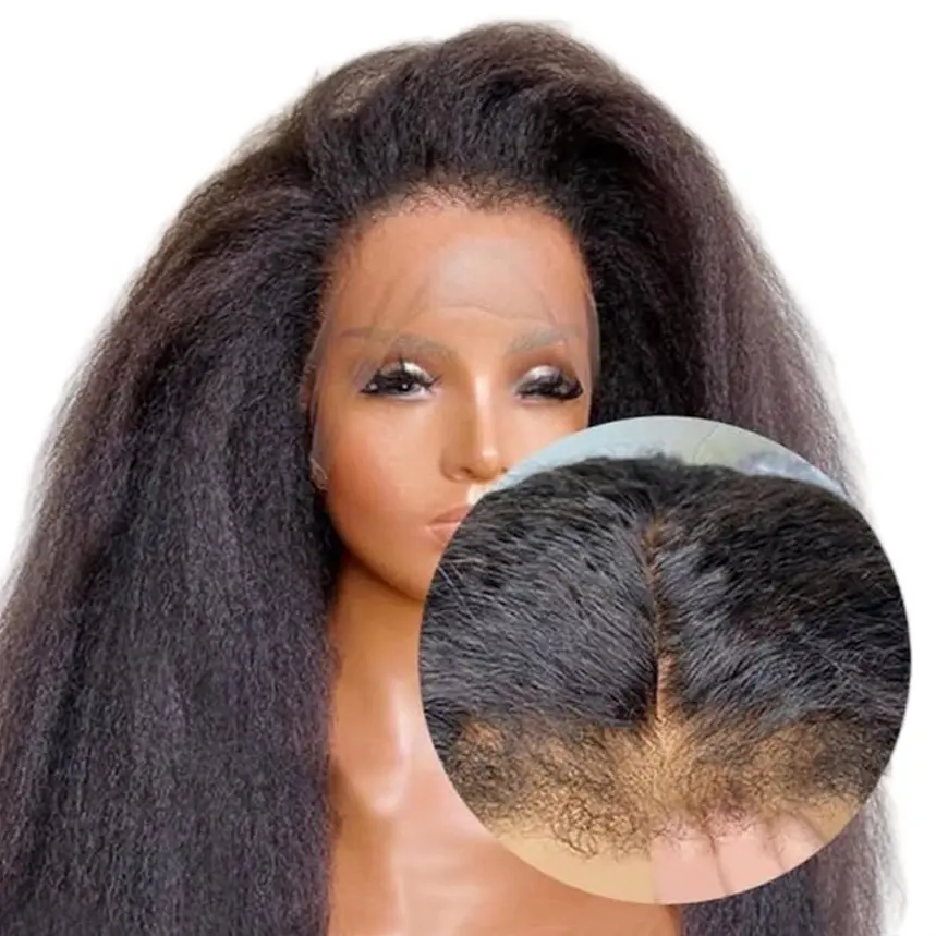 Kinky Straight Human Hair Lace Front Wig with 4C Curly Edge Baby Hair - 200 Density Bleached Knots for Black Women