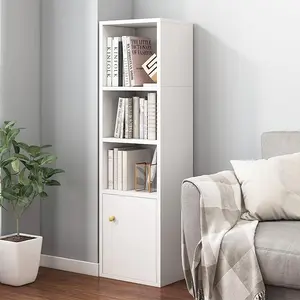 Small Narrow Corner Bookcase - 47 Inches Tall Gap Freestanding Storage Cabinet, 4 Lattices Open Shelves Tower Rack with Door, Cubes Bookshelf in White