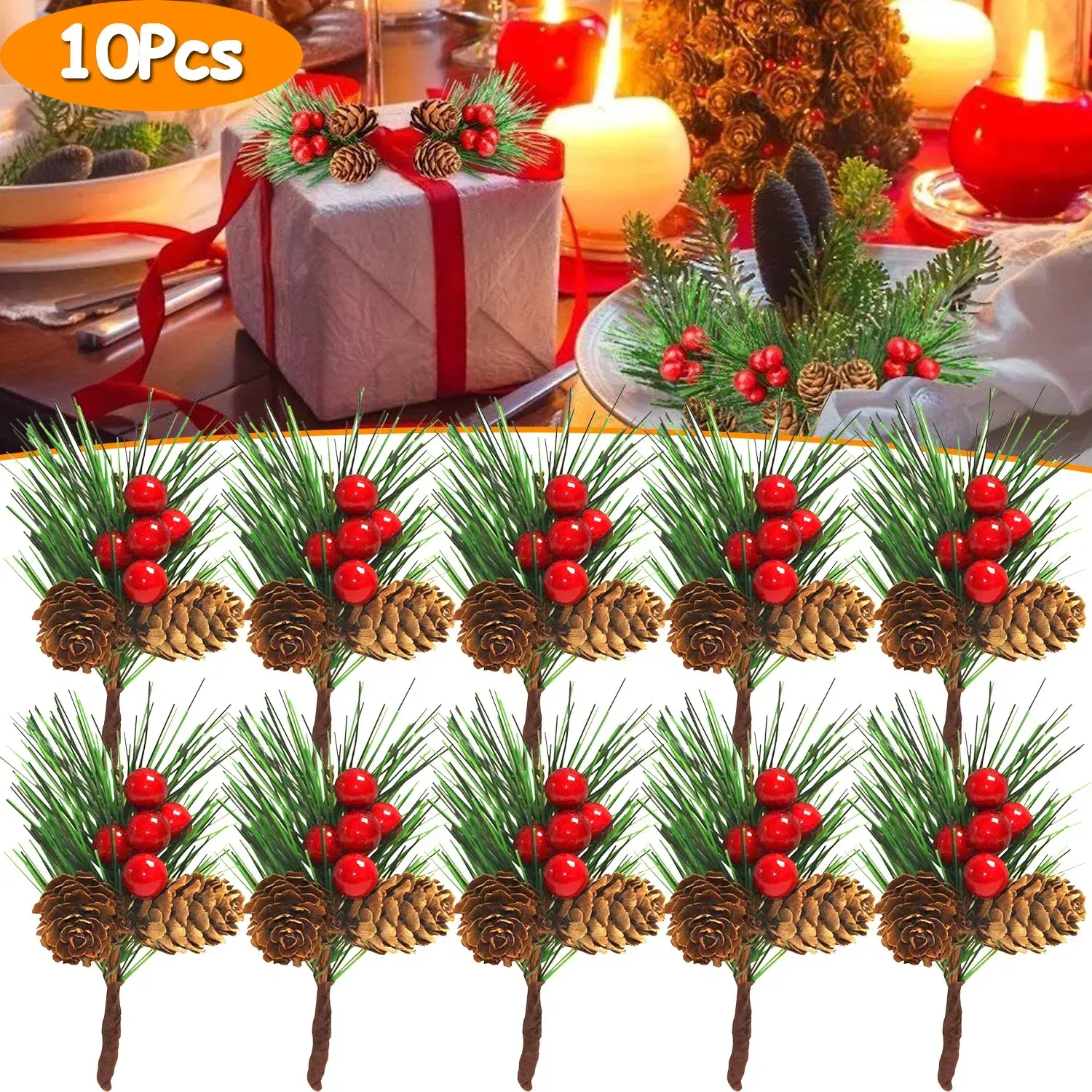 10 PCS Christmas Mini Artificial Pine Picks with Red Berries and Natural Pinecones Evergreen Pine Sprigs Holly Berries Faux Pine Needles for Festival Xmas Decorations Table Centerpiece