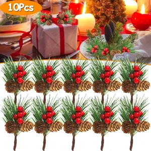 10 PCS Christmas Mini Artificial Pine Picks with Red Berries and Natural Pinecones Evergreen Pine Sprigs Holly Berries Faux Pine Needles for Festival Xmas Decorations Table Centerpiece