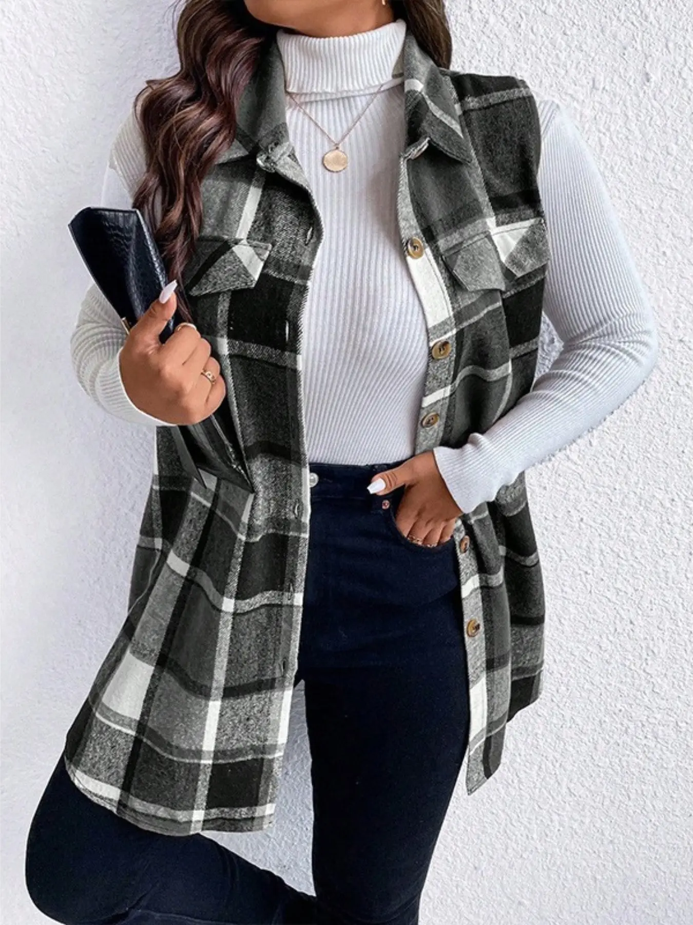 Women's New Large Size Plaid Sleeveless Vest, Fashion Loose Fit Wool Blend Coat, European and American Style Trendy Outerwear, Womenswear