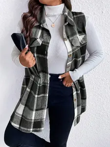 Women's New Large Size Plaid Sleeveless Vest, Fashion Loose Fit Wool Blend Coat, European and American Style Trendy Outerwear, Womenswear