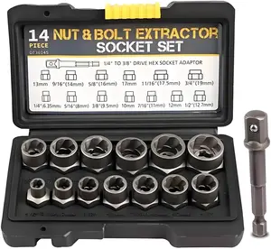 Impact Bolt & Nut Remover Set DT30145 14-Piece 3/8" Socket Tool with Hex Adapter for Stripped Damaged Rounded Off and Rusted Bolts & Nuts