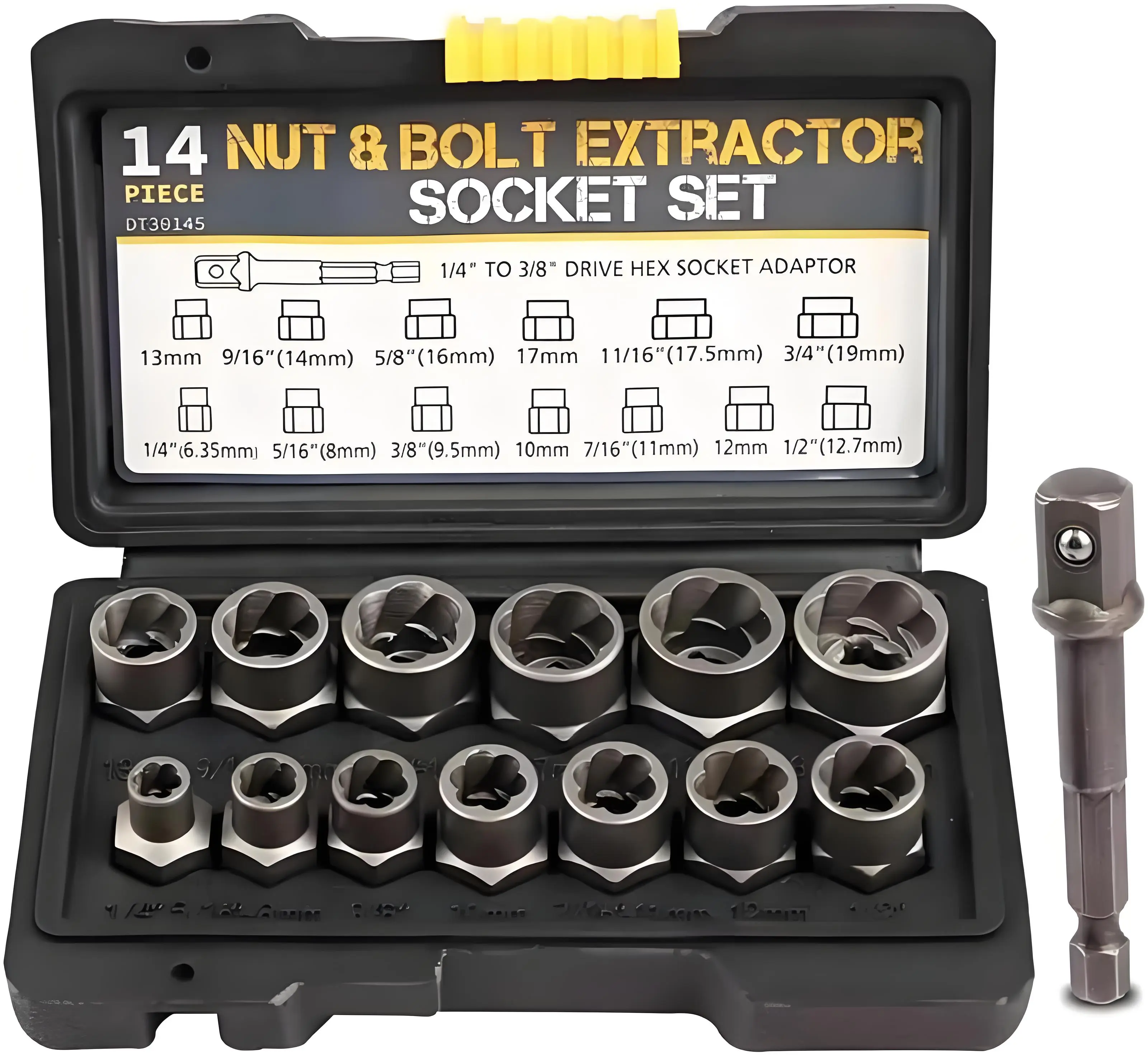 14-Piece Impact Bolt & Nut Remover Set DT30145 - Impact Sockets Set with 3/8" Socket Wrenches, Hex Adapter for Stripped, Damaged, Rounded Off Fasteners