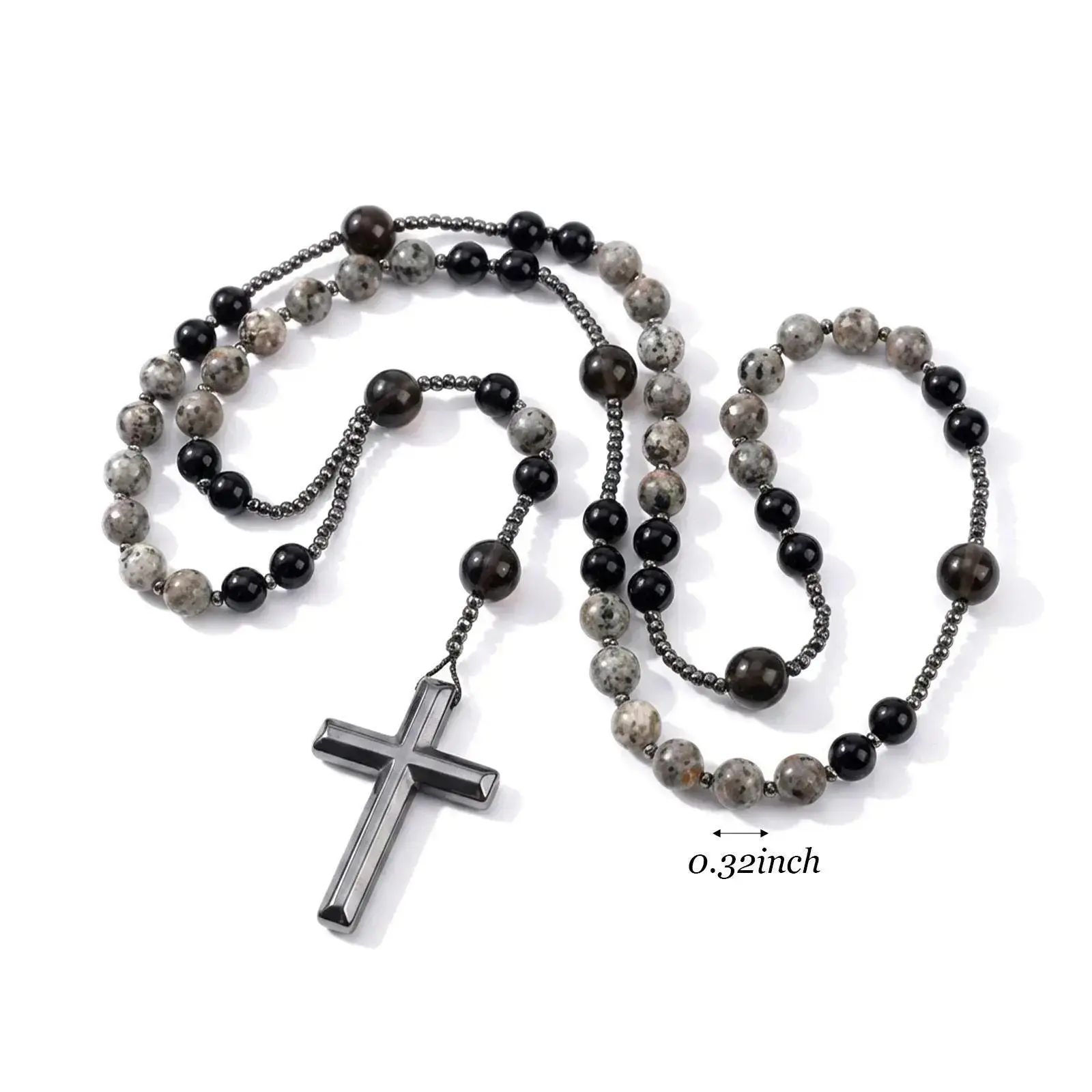 Adjustable Natural Yooperlite Gemstone Beaded Cross Necklace - UV-Reactive Stone, Hematite Cross Pendant, Rhinestone-Decorated 36-Inch Collarbone Chain, Spiritual Jewelry Collectible, Exquisite Gift for Men for Everyday Wear & Parties, Cross Necklaces, Ge