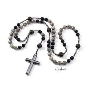 Adjustable Natural Obsidian Yooperlite Rosary Necklace, UV-Reactive Stone with Hematite Cross Pendant, Rhinestone-Decor Fashion Collarbone Chain, Elegant Jewelry Gift for Couples for Everyday Wear & Parties