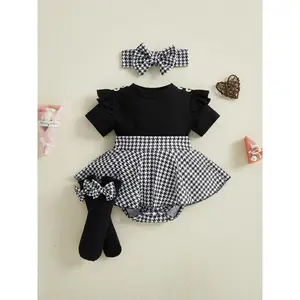 Baby girl spring set Houndstooth short sleeved ribbed jumpsuit dress bow headband and socks 3pcs set, suitable for outdoor daily casual wear, soft and comfortable fabric, Christmas, New Year, Valentine's Day clothing, 39.37-472.44inch, Seasonal Baby