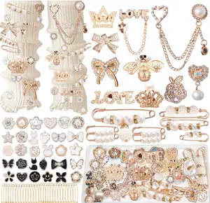 72Pcs Junk Socks Charms Kit, Gold Brooches and Pins for Women,Pearl and Rhinestone Sock Charms with Safety Pins, DIY Accessories for Decorating and Personalizing Socks Clothes Hats Shoes Scarf Shawl