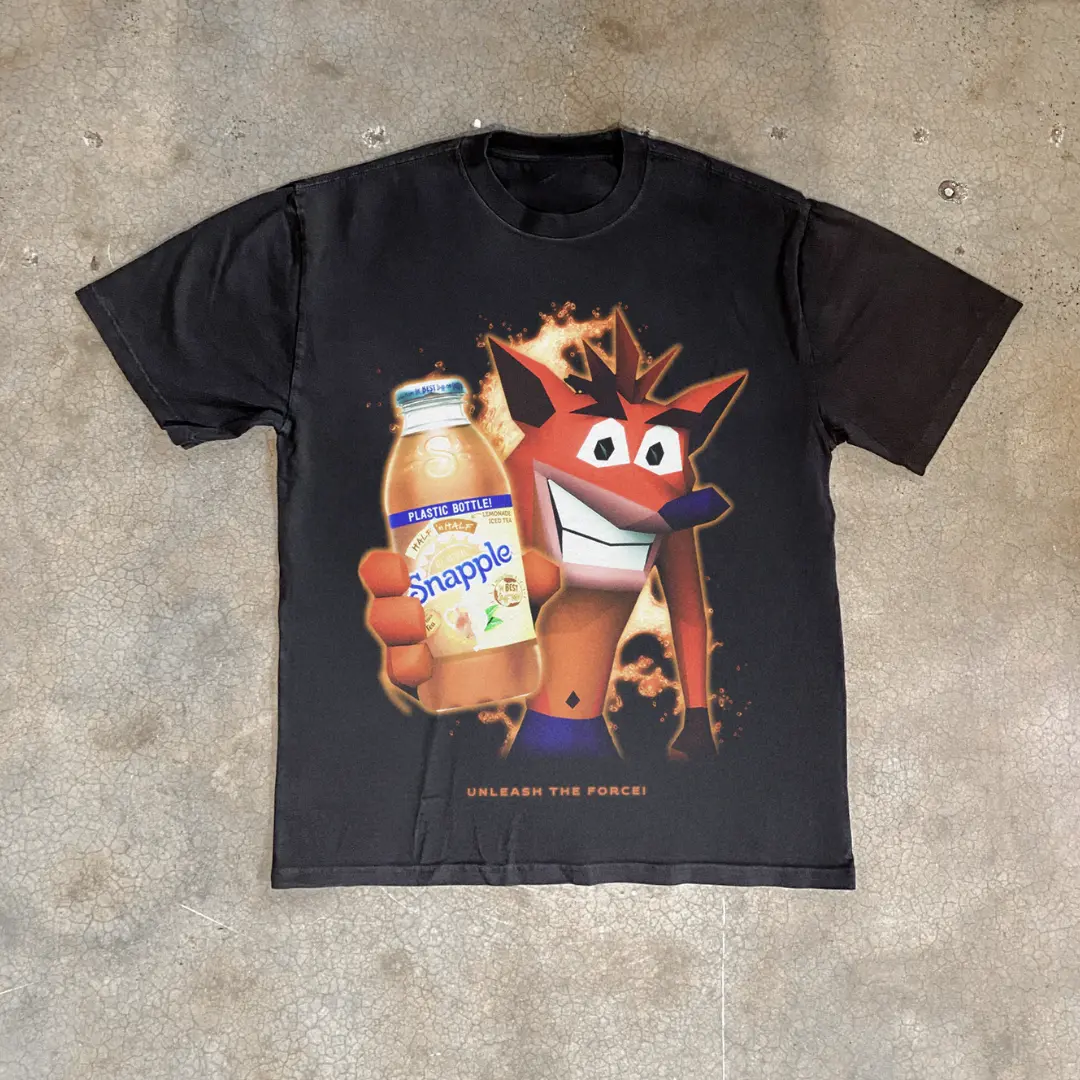 90S Nostalgia 'Crash Bandicoot X Snapple' T-Shirt, Drink X Game Graphic Tees, Unisex Tshirt, Gifts Shirt, Menswear Womenswear Streetwear, Aesthetic, Heavyweight Cotton Comfort Top Regular Fit Y2k Outfit Outdoor Affliction Clothes