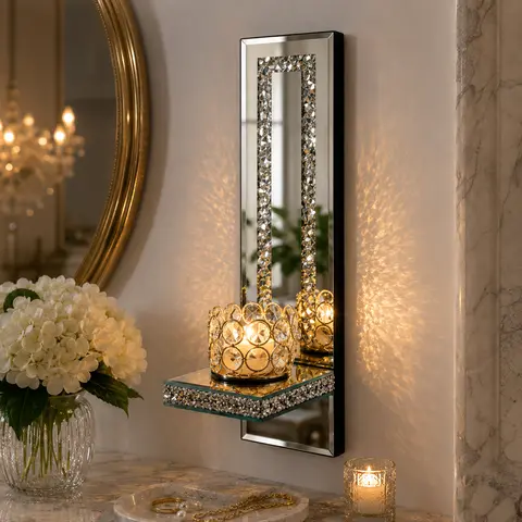 Ornament Candle Holders - MDF 2-Piece Rectangle Hanging Wall Sconce Set with Crystal Diamond-Edge Mirror Accent, Sparkly Finish, Art Deco Aesthetic Boujee Home Accessories, Home Bedroom Decor, House Decor for Entryway Gatherings