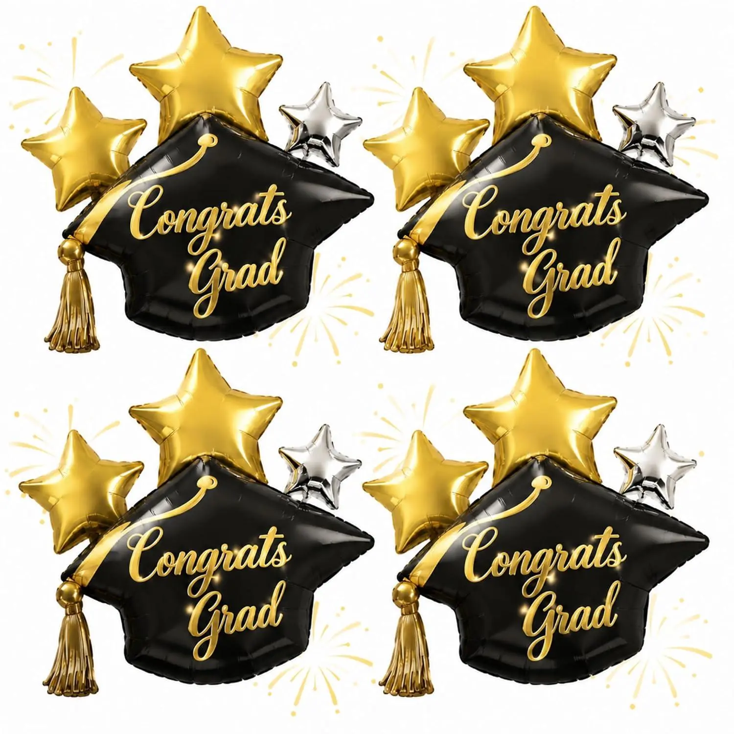 Class Of 2026 Graduation Cap Balloons - 4 Pack Large 28X27 Inch Congrats Grad Foil Mylar Balloons With Ribbon, Glue Dots & Straw - Black Gold Graduation Party Decorations For High School, College