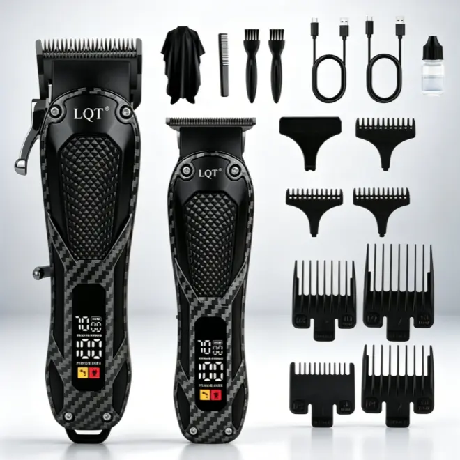 LQT Professional Men's Black Carbon Fiber Pattern Cordless Hair Clipper & Trimmer Set - Dual USB Fast Charging, Full Barber Accessories Kit for Hairstylists & Daily Use