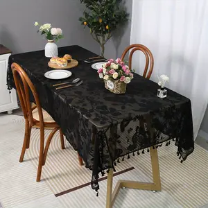 Modernist Lace Embroidered Tablecloth with Fringe, Polyester Rectangular Bird and Floral Pattern, Perfect Gift for Weddings, Parties, Housewarming