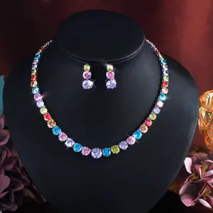 Rainbow High-Carbon Zirconia Necklace & Earring Set — Glamorous and Luxurious; Suitable for Red Carpet Evening Events, Wedding Ceremonies, Birthday Parties, and Upscale Cocktail Events
