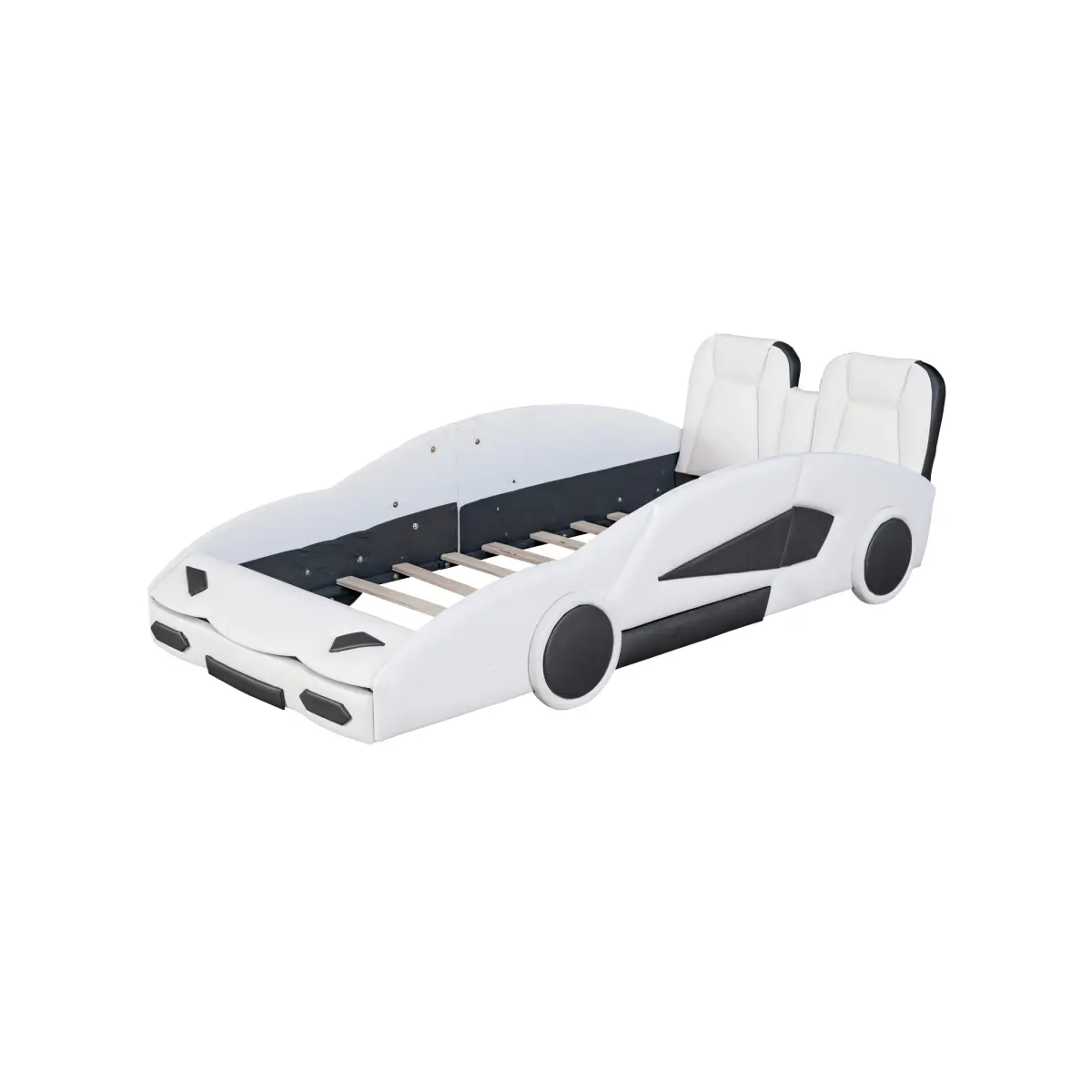 Kids' Twin Size White Race Car-Shaped Platform Bed with Wheels, Solid Pine Wood & MDF Construction, Safety Guardrails, 250 Lbs Capacity, Platform Bed Design for Racing Theme Bedrooms, Car-Shaped Beds